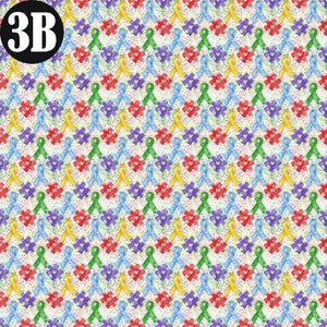 Op de afbeelding: Een naadloos patroon met een herhalend ontwerp van kleurrijke bewustzijnslintjes. De lintjes zijn gerangschikt in een rasterpatroon en zijn geplaatst op een witte achtergrond met een subtiel glittereffect.