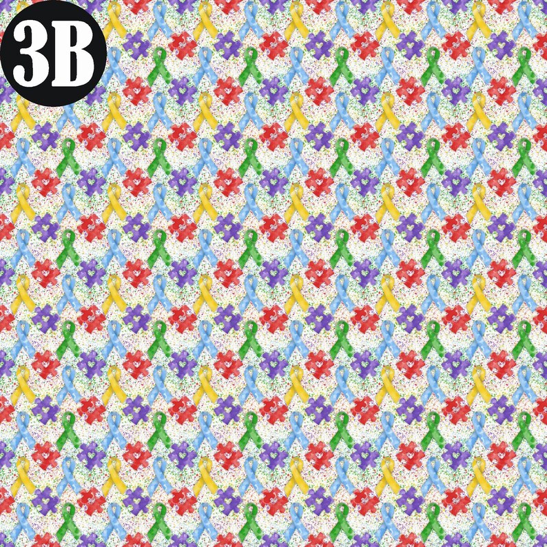 Op de afbeelding: Een naadloos patroon met een herhalend ontwerp van kleurrijke bewustzijnslintjes. De lintjes zijn gerangschikt in een rasterpatroon en zijn geplaatst op een witte achtergrond met een subtiel glittereffect.