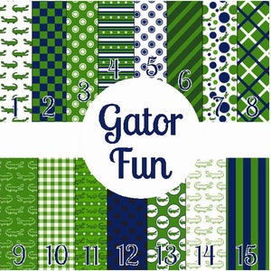 May include: Fifteen different digital paper designs featuring green and blue colors with various patterns, including gators, stripes, polka dots, and checkered patterns. The text "Gator Fun" is in the center of the image.