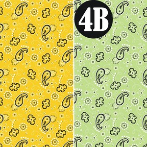 May include: Two paisley patterned fabric swatches, one yellow and one green, with the text "4A" and "4B" in black circles.
