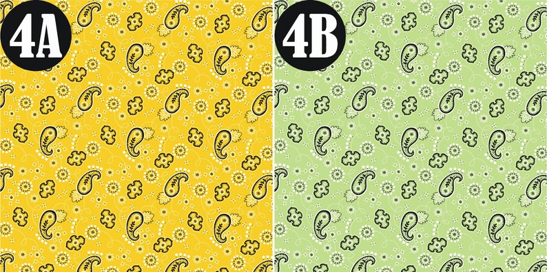 May include: Two paisley patterned fabric swatches, one yellow and one green, with the text "4A" and "4B" in black circles.