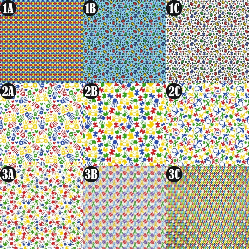 Op de afbeelding: Negen verschillende stoffenpatronen met verschillende symbolen voor autismebewustzijn, waaronder puzzelstukjes, handafdrukken en oneindigheidssymbolen. De patronen zijn in tinten blauw, geel, groen en rood op een witte achtergrond.