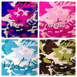 May include: Four different camouflage patterns in pink, blue, teal, and brown. The patterns are all abstract and feature a variety of shapes and sizes.