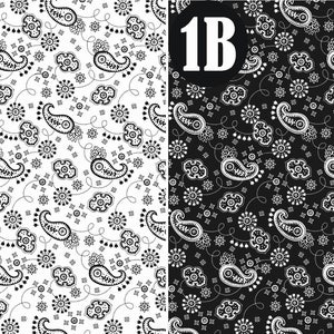 May include: Two black and white paisley patterns, one on a white background and the other on a black background. The patterns are labeled 1A and 1B.