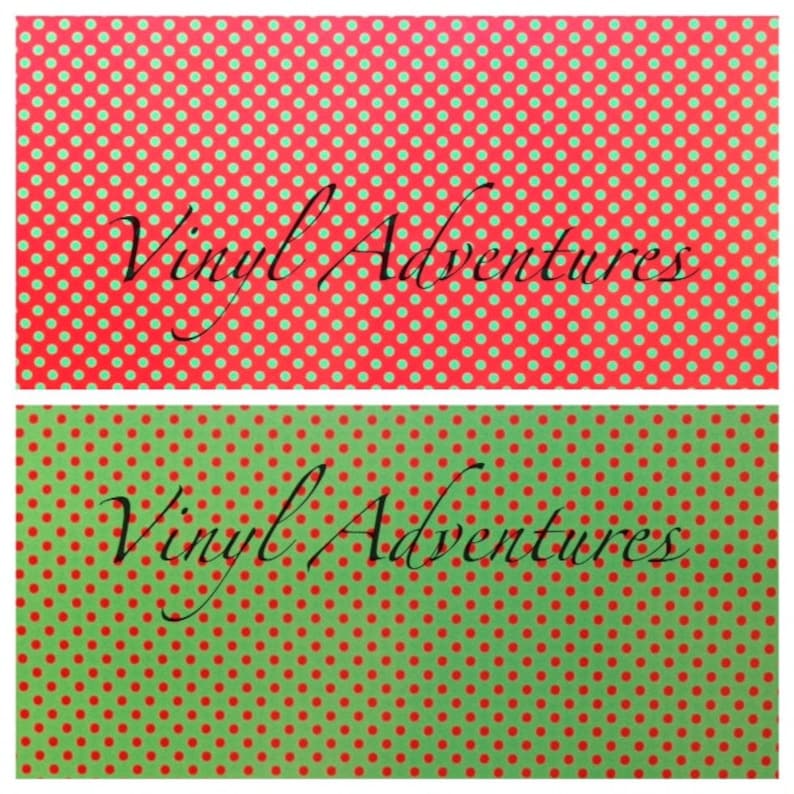 May include: Two red and green polka dot patterned backgrounds with the text "Vinyl Adventures" in black cursive writing.