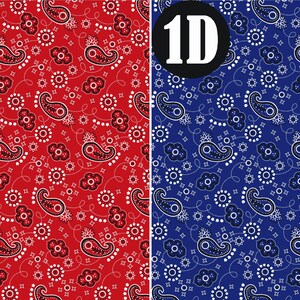 May include: Two bandana patterns, one red with black paisley and one blue with white paisley.