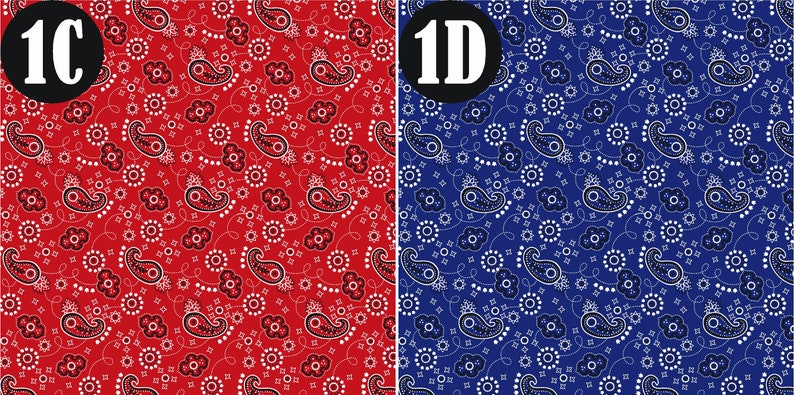 May include: Two bandana patterns, one red with black paisley and one blue with white paisley.