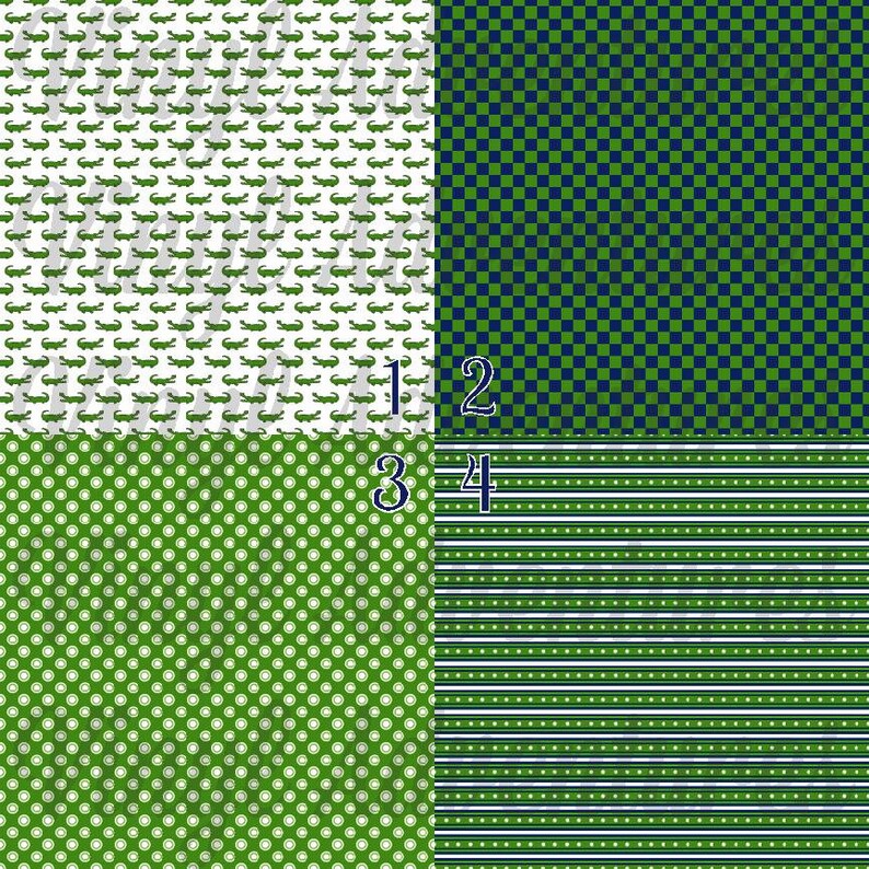 May include: Four different green and white patterned fabric swatches. The first swatch has a white background with a repeating pattern of green alligators. The second swatch has a green and navy blue checkered pattern. The third swatch has a green background with a repeating pattern of white polka dots. The fourth swatch has a green and white striped pattern.