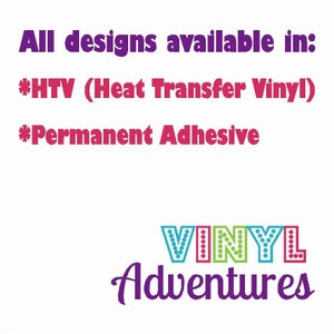 Pode incluir: Um design gr&aacute;fico para um neg&oacute;cio chamado "Vinyl Adventures". O texto est&aacute; em roxo e a palavra "Vinyl" est&aacute; em letras coloridas com bolinhas brancas. O texto diz "Todos os designs dispon&iacute;veis em: *HTV (Vinil de transfer&ecirc;ncia de calor) *Adesivo permanente".