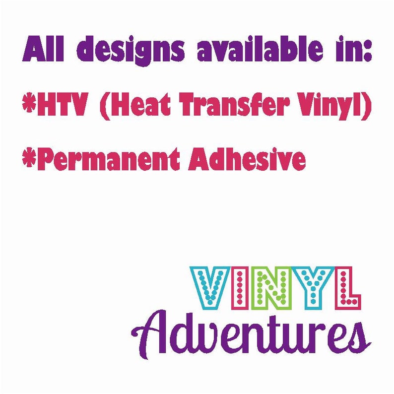 Pode incluir: Um design gr&aacute;fico para um neg&oacute;cio chamado "Vinyl Adventures". O texto est&aacute; em roxo e a palavra "Vinyl" est&aacute; em letras coloridas com bolinhas brancas. O texto diz "Todos os designs dispon&iacute;veis em: *HTV (Vinil de transfer&ecirc;ncia de calor) *Adesivo permanente".