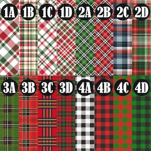 May include: A grid of sixteen different plaid patterns, each labeled with a number and letter combination. The patterns feature various color combinations, including red, green, white, black, and gold. The designs range from classic tartan to buffalo check.
