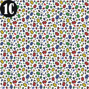 Autism Cheetah print with puzzle pieces and cheetah spots in red, green, yellow and blue with white background.