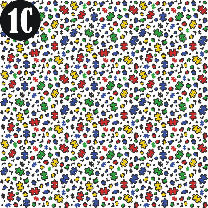 Autism Cheetah print with puzzle pieces and cheetah spots in red, green, yellow and blue with white background.