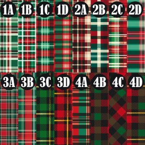 May include: A grid of twelve different plaid patterns in various color combinations. The patterns include red, green, white, and black, with variations in the thickness and arrangement of the lines. Each pattern is labeled with a number and a letter.