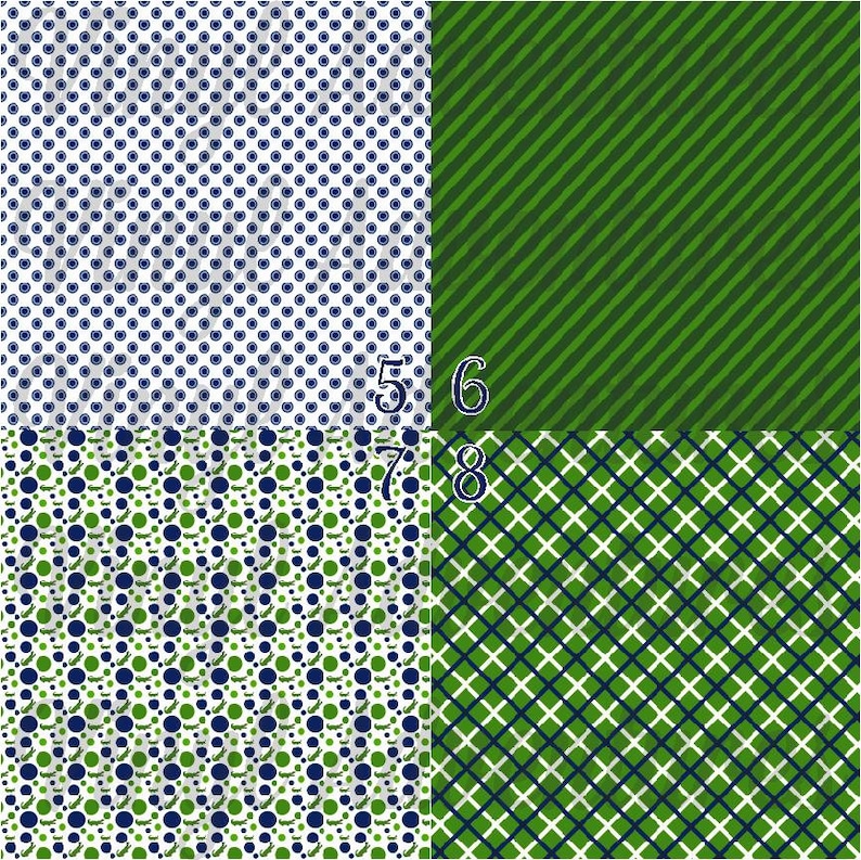 May include: Four different patterns in green and blue. The top left pattern is white with small blue polka dots. The top right pattern is green with diagonal white stripes. The bottom left pattern is white with small green and blue polka dots and small blue and green leaves. The bottom right pattern is green with a white grid.