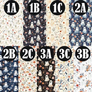 May include: A collection of ten fabric patterns featuring white ghosts interspersed with colorful floral and botanical illustrations. Each section is labeled with alphanumeric identifiers including 1A, 1B, 1C, 2A, 2B, 2C, 3A, 3B, and 3C, showcasing various color palettes ranging from white to dark blue and black backgrounds.