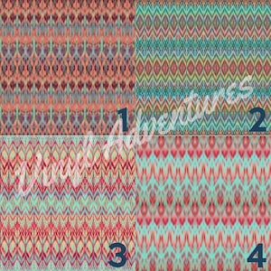 May include: Four patterned fabric swatches with a geometric design. The patterns feature a mix of colors, including coral, teal, and red. The text "Vinyl Adventures" is overlaid on the image, along with the numbers 1, 2, 3, and 4.