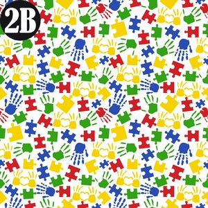May include: A seamless pattern featuring colorful handprints and puzzle pieces. The handprints are in blue, red, yellow, and green. The puzzle pieces are in blue, red, yellow, and green. The background is white.