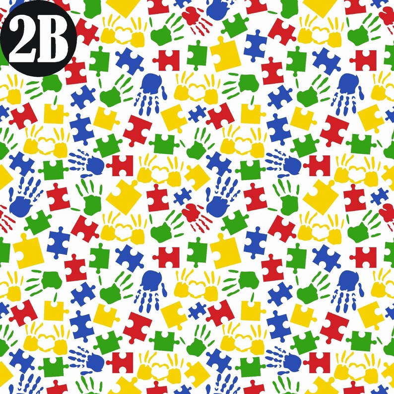 May include: A seamless pattern featuring colorful handprints and puzzle pieces. The handprints are in blue, red, yellow, and green. The puzzle pieces are in blue, red, yellow, and green. The background is white.