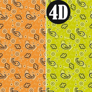 May include: Two seamless paisley patterns, one in orange and one in green, with black and white details. The patterns are labeled "4C" and "4D".