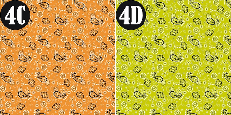 May include: Two seamless paisley patterns, one in orange and one in green, with black and white details. The patterns are labeled "4C" and "4D".