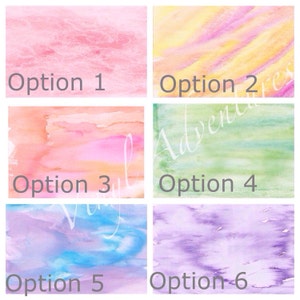 May include: Six watercolor background options in pink, yellow, orange, green, blue, and purple.  Each option has a different watercolor pattern and color combination.  The options are labeled "Option 1" through "Option 6".