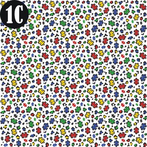 May include: A white background with a repeating pattern of colorful puzzle pieces and black spots. The puzzle pieces are red, blue, green, and yellow. The text "1C" is in a black circle in the top left corner.