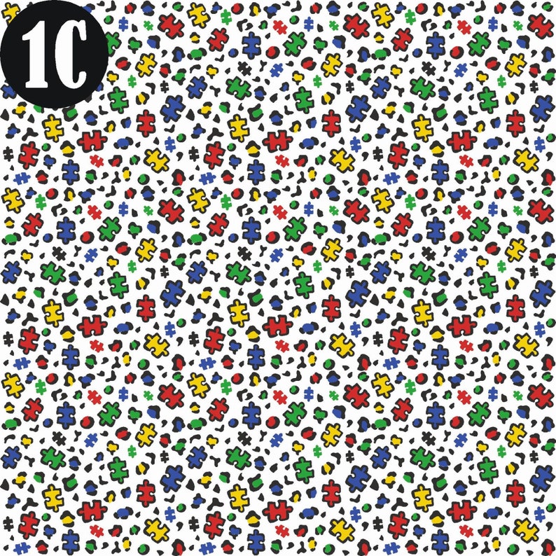May include: A white background with a repeating pattern of colorful puzzle pieces and black spots. The puzzle pieces are red, blue, green, and yellow. The text "1C" is in a black circle in the top left corner.