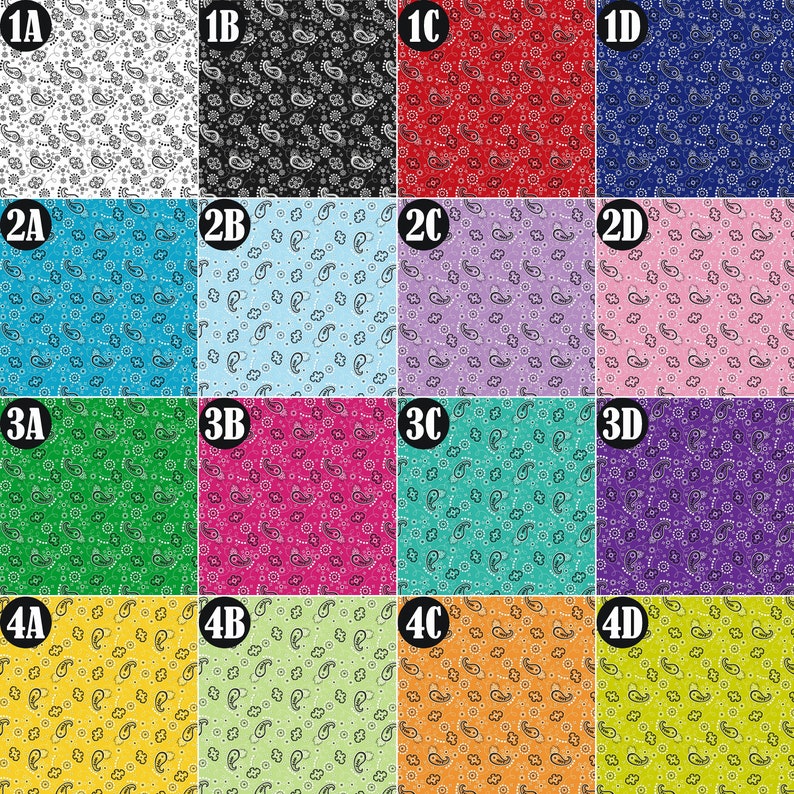 May include: A set of 16 bandana patterns with different colors and designs. The patterns are all paisley-style and feature a white outline on a variety of colored backgrounds.