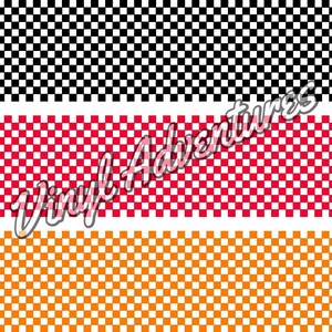 May include: Three checkered patterns in black and white, red and white, and orange and white. The patterns are seamless and can be used for a variety of craft projects.