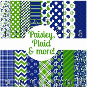 May include: A collection of 15 fabric swatches in various patterns, including paisley, plaid, polka dots, stripes, and chevron. The swatches are numbered 1 through 15. The text "Paisley, Plaid & more!" is written in a white circle.