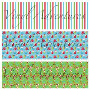 May include: Three digital paper designs featuring Christmas themes. The first design is red and green stripes. The second design features a repeating pattern of blue and green monsters wearing Santa hats. The third design is a green background with red and white candy canes.
