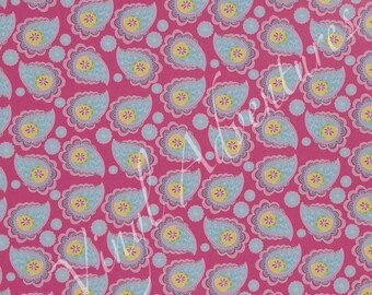 May include: A pink background with a repeating pattern of blue and yellow paisley designs.
