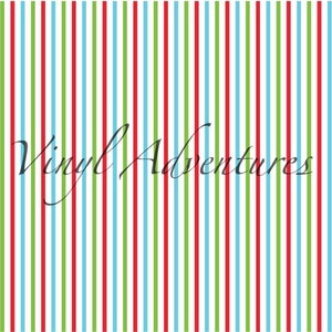 May include: A white background with alternating red, green, and blue vertical stripes. The text "Vinyl Adventures" is written in black cursive script.
