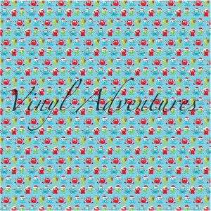 May include: A seamless pattern featuring a repeating design of red and green monsters wearing Santa hats and holding candy canes on a light blue background.