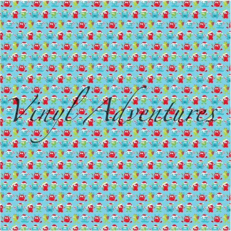May include: A seamless pattern featuring a repeating design of red and green monsters wearing Santa hats and holding candy canes on a light blue background.