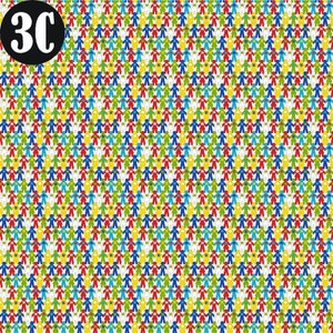 May include: A repeating pattern of colorful stick figures holding hands. The figures are red, blue, green, and yellow. The background is white.