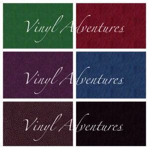 May include: A collage of six different colored vinyl samples with the text "Vinyl Adventures" in white cursive writing on each sample.