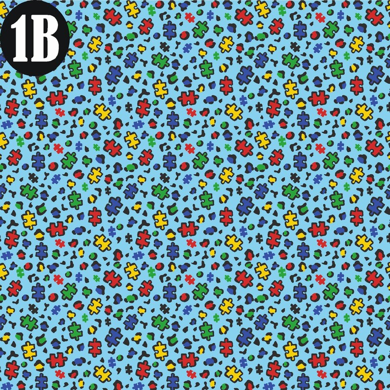 Autism Cheetah print with puzzle pieces and cheetah spots in red, green, yellow and blue with light blue background.