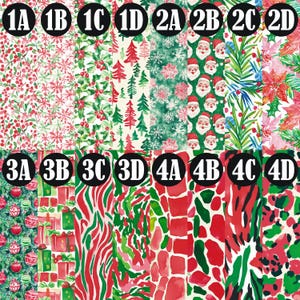 May include: A digital sheet with 16 different Christmas themed patterns. The patterns include holly, snowflakes, Christmas trees, Santa Claus, and animal print patterns in red, green, and white.