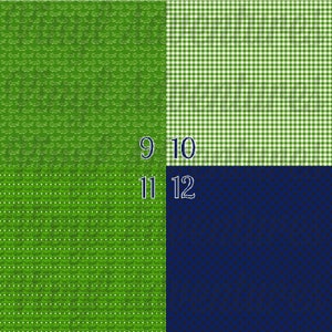 May include: Four fabric swatches with different patterns. The top left swatch is green with a white alligator pattern. The top right swatch is green and white gingham. The bottom left swatch is green with a white polka dot pattern. The bottom right swatch is dark blue with a white polka dot pattern. The numbers 9, 10, 11, and 12 are printed on the swatches.