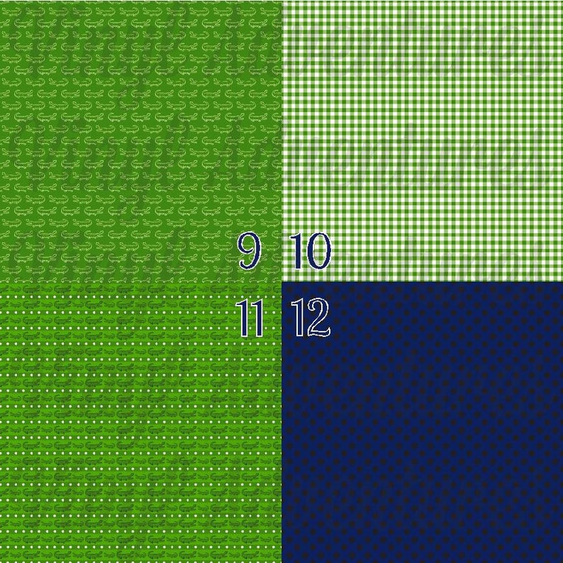 May include: Four fabric swatches with different patterns. The top left swatch is green with a white alligator pattern. The top right swatch is green and white gingham. The bottom left swatch is green with a white polka dot pattern. The bottom right swatch is dark blue with a white polka dot pattern. The numbers 9, 10, 11, and 12 are printed on the swatches.