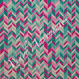 May include: A seamless pattern of teal, pink, and beige chevron shapes. The pattern is repeated throughout the image.