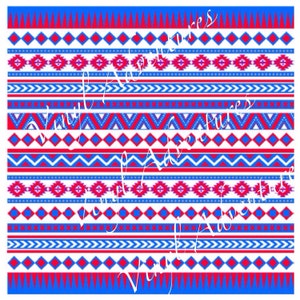 May include: A digital paper with a repeating pattern of red, white, and blue geometric shapes. The pattern is made up of triangles, diamonds, and zigzags.