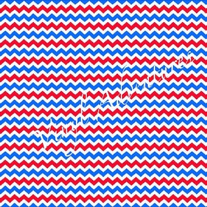 Könnte beinhalten: Ein sich wiederholendes Muster aus roten, weißen und blauen Zickzacklinien. Das Design zeigt abwechselnde Reihen roter und blauer Zickzacklinien vor einem weißen Hintergrund. Der Text "Whimsical Adornments" ist in weißer Schreibschrift über das Bild geschrieben.