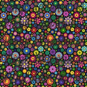 May include: A seamless pattern of colorful flowers on a black background. The flowers are in various shapes and sizes, and they are arranged in a random pattern. The flowers are in shades of red, orange, yellow, green, blue, purple, and pink.