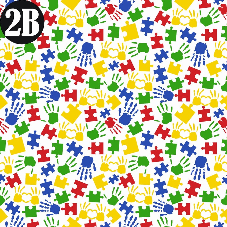 Op de afbeelding: Een naadloos patroon met kleurrijke handafdrukken en puzzelstukken. De handafdrukken zijn in blauw, rood, geel en groen. De puzzelstukken zijn in blauw, groen, geel en rood. De achtergrond is wit.
