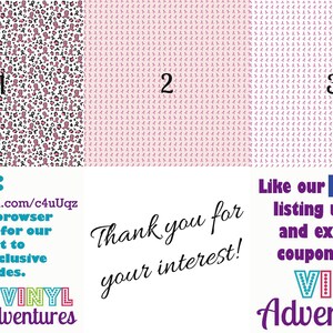Pode incluir: Tr&ecirc;s designs de papel digital diferentes em rosa e branco. O primeiro design apresenta uma estampa de leopardo com fitas rosa. O segundo design apresenta um padr&atilde;o repetitivo de fitas rosa. O terceiro design apresenta um padr&atilde;o repetitivo de fitas rosa com um efeito degrad&ecirc;. O texto "Type: http://eepurl.com/c4uUqz into your browser to sign up for our mailing list to receive exclusive coupon codes. VINYL Adventures" est&aacute; na parte inferior da imagem. O texto "Thank you for your interest!" est&aacute; no meio da imagem. O texto "Like our to see listing updates and exclusive coupon codes. VINYL Adventures" est&aacute; do lado direito da imagem.