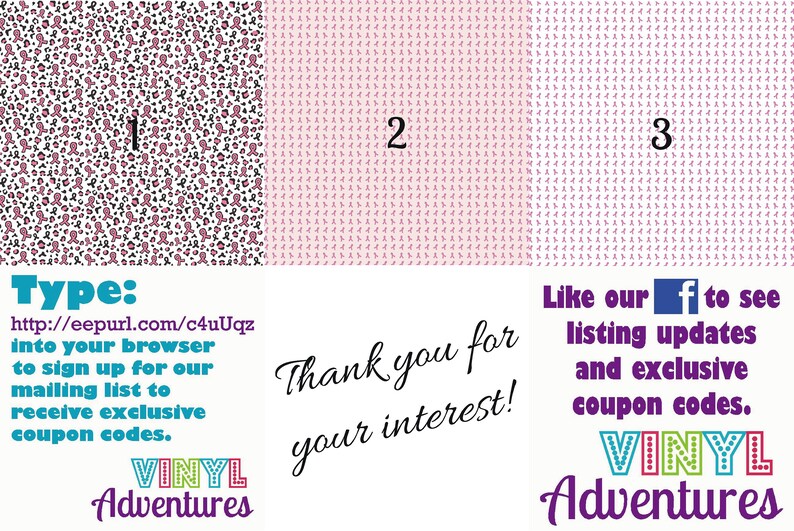 Pode incluir: Tr&ecirc;s designs de papel digital diferentes em rosa e branco. O primeiro design apresenta uma estampa de leopardo com fitas rosa. O segundo design apresenta um padr&atilde;o repetitivo de fitas rosa. O terceiro design apresenta um padr&atilde;o repetitivo de fitas rosa com um efeito degrad&ecirc;. O texto "Type: http://eepurl.com/c4uUqz into your browser to sign up for our mailing list to receive exclusive coupon codes. VINYL Adventures" est&aacute; na parte inferior da imagem. O texto "Thank you for your interest!" est&aacute; no meio da imagem. O texto "Like our to see listing updates and exclusive coupon codes. VINYL Adventures" est&aacute; do lado direito da imagem.