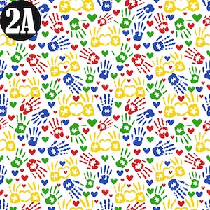 May include: A seamless pattern featuring colorful handprints, puzzle pieces, and hearts. The handprints are in blue, red, green, and yellow. The puzzle pieces are yellow with a white center. The hearts are red. The background is white.